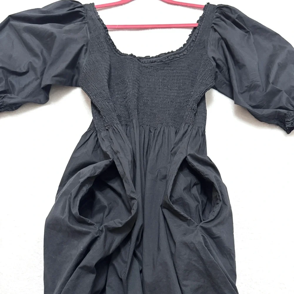 Black Smocked Midi Dress with Puff Sleeves - Picture 10 of 10